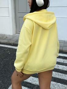 SHEIN EZwear Sudadera con capucha y cremallera frontal de manga larga con estampado manual para mujer de talla grande