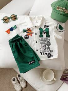 SHEIN Set de 2 piezas de ropa casual para niño pequeño, con camiseta de manga corta con estampado de letras y pantalones cortos de cintura elástica, adecuado para primavera/verano, apto para jugar al aire libre y usar en la calle