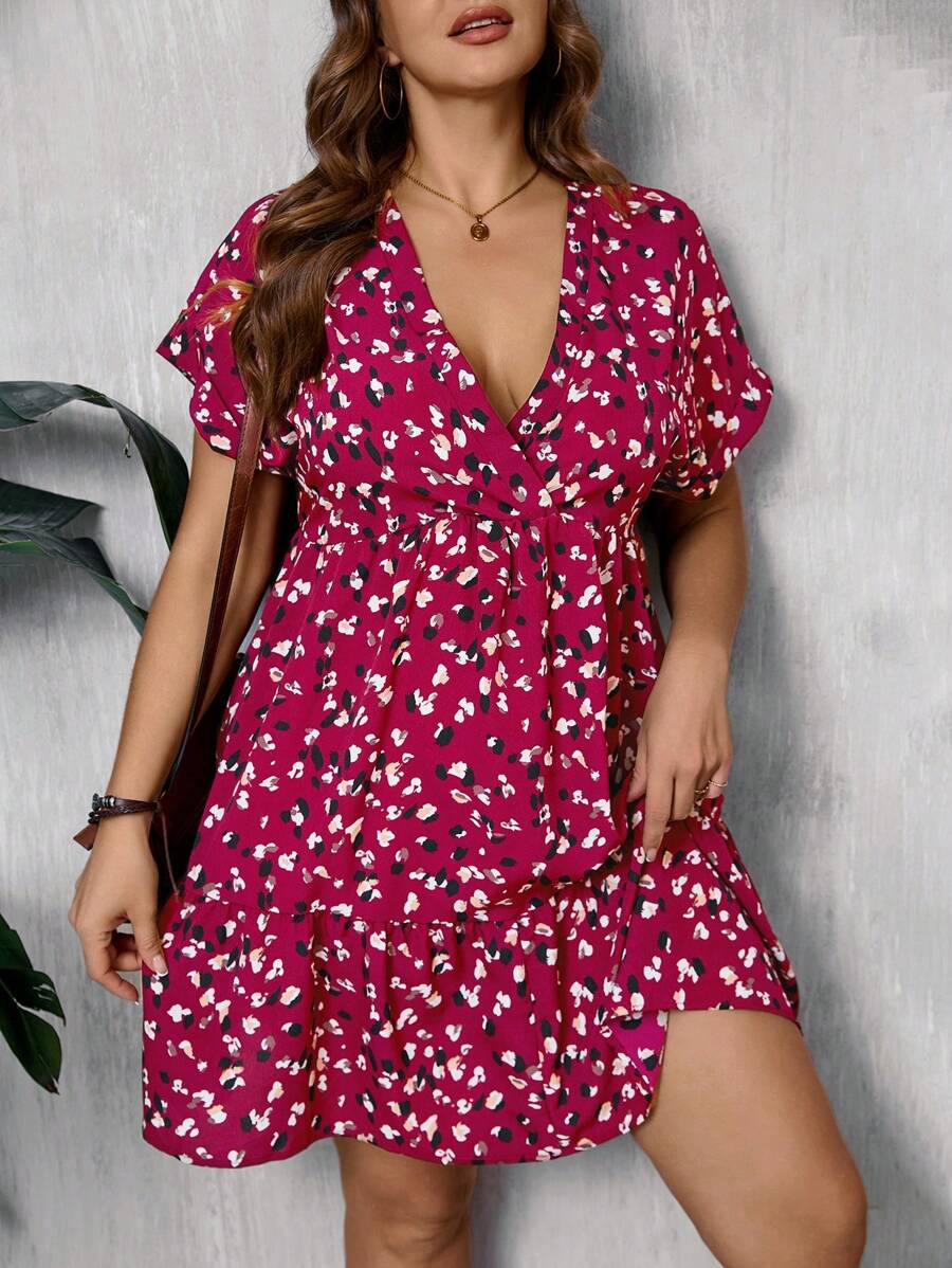 SHEIN LUNE Plus Size V-Neck Polka Dot & Ditsy Floral Pattern Short Dress For Summer - Hot Pink - View 1