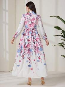 Modelyn Women's Floral Print Tie Collar Lantern Sleeve Extra Long Dress