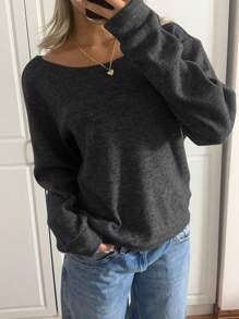 Muchica 1 件女式新款斜肩纯色仿皮草运动衫 - 深灰色 - 查看 3