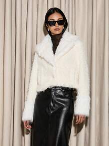 AiiRZ 奢华人造毛皮冬季大衣毛绒纹理毛绒夹克蓬松长袖保暖时尚个性单品晚会外套 - 白色 - 查看 1