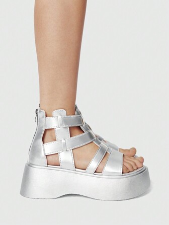 Goth Sandalias de PU con estilo cyberpunk, con hebilla metálica, punta abierta, suela gruesa, tacón bajo (7,5 cm), adecuadas para salidas de verano, citas y otras ocasiones