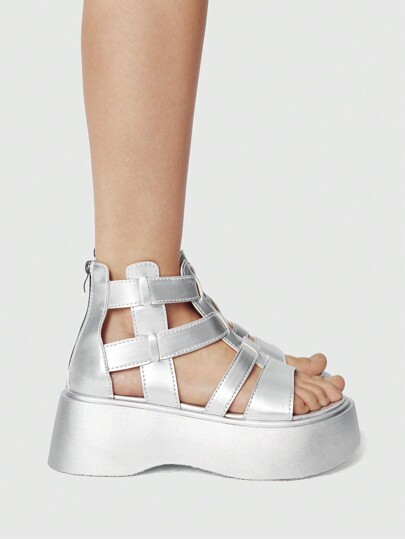 Goth Sandalias de PU con estilo cyberpunk, con hebilla metálica, punta abierta, suela gruesa, tacón bajo (7,5 cm), adecuadas para salidas de verano, citas y otras ocasiones