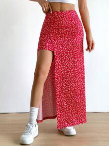 Falda larga con diseño floral pequeño y abertura en el dobladillo - Rojo - Ver 6