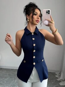 Selianne Blusa de mujer con cuello vuelto, cierre delantero abierto, decoración de botón de metal y diseño de cintura ceñida en azul marino - Azul Marino - Ver 4