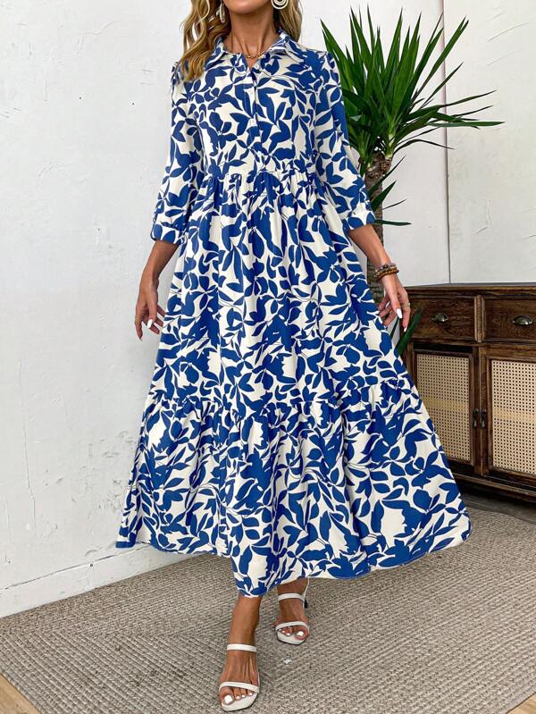 EMERY ROSE Women's Blue And White Floral Print Midi Dress: A Modest Summer Style With Long Sleeves Women Elegant Dresses