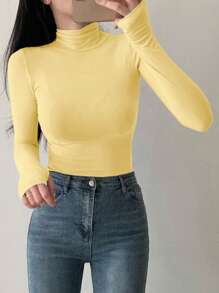 DAZY Women's Casual Yellow Rib-Knit Turtleneck Top Soft Knitted Fabric Long Sleeve And Regular Fit For Everyday Style Spring/Summer/Autumn,Back To School Clothes,Fall Women Clothes - Yellow - View 4