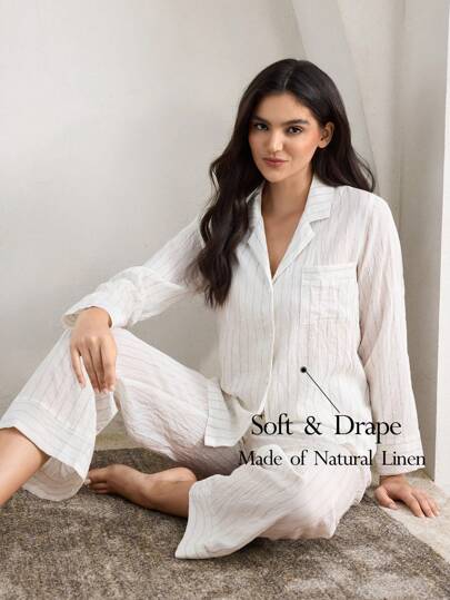 Ocili 休闲亚麻长袖上衣和长裤条纹睡衣套装，舒适的假日季节舒适优雅的细节，秋季服装