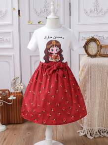 2pcs/Set Young Girl Round Neck Short Sleeve Printed Minimalist Top And Mini Skirt - Multicolor - View 8