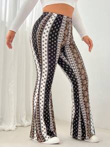 SHEIN EZwear Pantalones acampanados de talla grande con estampado retro a color block