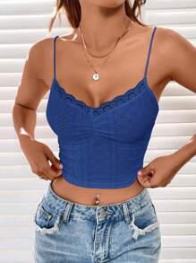 SHEIN EZwear Summer Going Out Eyelet Embroidery Lace Trim Ruched Bust White Cami Top - Royal Blue - View 5