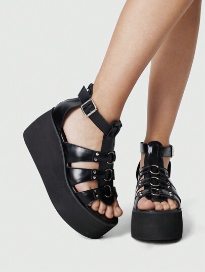 Grunge Punk Women's Buckle Roman Sandals, Round Toe Thick Bottom Wedge High Heel Roman Sandals, PU Material Black Sandals, Suitable For Graduation Photos And Casual Wear