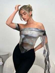 SHEIN Privé Top moulant à volants asymétriques, épaules dénudées, teinture nouée, taille froncée, ourlet pour festival, Saint-Valentin, concert, rave pour femmes - Multicolore - Voir 7