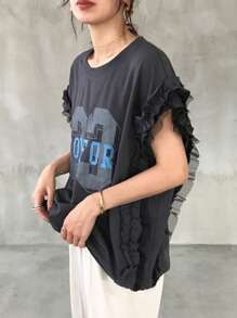 FRIFUL Women's Round Neck Mesh Ruffle Patchwork Loose Letter Colorblock Print Biker Style T-Shirt - Grey - View 6