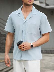 Manfinity CasualCool Camisa casual de manga corta de un solo bolsillo y solapa para hombre, de unicolor