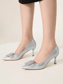 CUCCOO CHICEST Women's Silver Satin Rhinestone Button Pointed Toe High Heels, Elegant For Commute, Dating, Wedding, Office, Formal Occasions - Silver - View 2