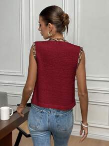 SHEIN Frenchy Women's Solid Color Patchwork Front Tie Sleeveless Simple Casual Sweater Vest Summer Christmas New Year Leopard Cheetah Red - Rose Red - View 2