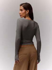 MUSERA V Neck Wrap Tie Top Casual Summer Spring Vacation Airport Holiday Back To School Fall Autumn - Dark Grey - View 2