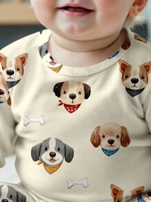 SHEIN Ensemble de pyjama pour bébé garçon avec imprimé mignon de chiot, manches longues col rond confortable et ajusté et pantalon long. Convient pour l'automne/hiver - Multicolore - Voir 2
