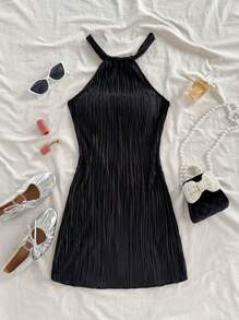 Soleia Neck Tie Fitted Solid Color Pleated Mini Dress - Black - View 3