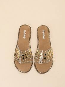 Styleloop New Women Outdoor Casual Flat Sandals, Square Toe Crystal Embellished, Comfortable Party/Commute, Summer, Thick Sole Non-Slip Sandals - Clear - View 5