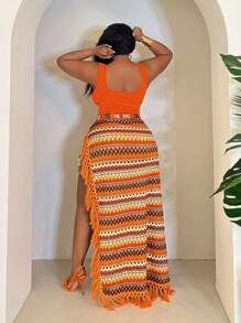 Slaydiva Bộ 2 váy len cỡ lớn có họa tiết hình học & chân váy maxi xẻ một bên, bộ đồ đi nghỉ - Màu Cam san hô - Xem 2