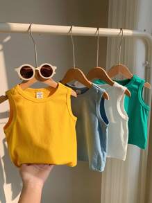 SHEIN 4pcs/Set Baby Boy & Girl Casual Crew Neck Short Sleeve Macaron Colored Knit Vest, Suitable For Spring/Summer Indoor And Outdoor Wear