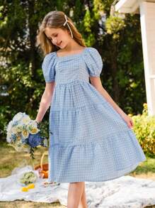 SHEIN Tween 女童蓝白格子纹理面料泡泡袖方领收腰连衣裙，优雅甜美度假乡村风格 - 藍色 - 查看 6
