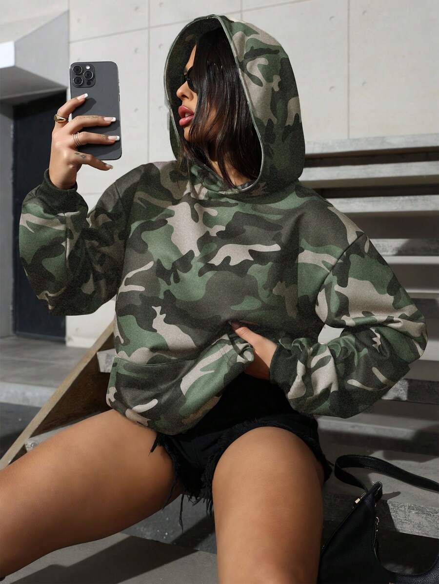 Sudadera con capucha de manga larga con estampado de camuflaje para mujer en otoño/invierno - Caqui - Ver 1