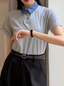 DAZY 女士拼色 POLO 衫短袖 T 恤，简约时尚休闲日常穿着 - 灰色 - 查看 4