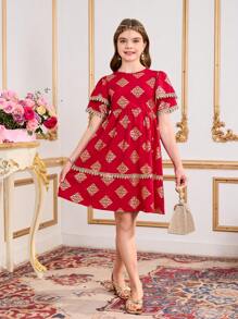 Vestido corto casual y elegante para niñas preadolescentes con manga de volantes y estampado floral