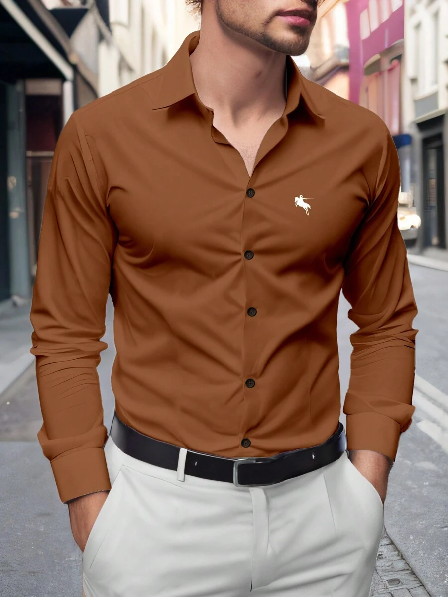 Manfinity Mode Men's Front Button Closure Long Sleeve Printed Casual Shirt, Everyday Wear Business Shirts, Fall - Coffee Brown - View 1
