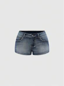 ROMWE Grunge Punk Y2K Ultra Super Low Waist Mini Denim Shorts With Sexy Back Wing Embroidery & Rhinestone Decor, Midriff-Baring - Blue - View 2