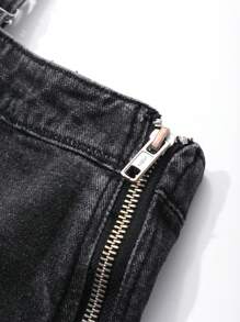 FRIFUL Damen Lässig Jeans-Latzhose mit verstellbaren Spaghettiträgern, Knopfleiste und Taschen - Grau - Übersicht 3