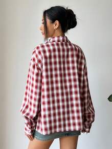 Flirla Camisa de manga larga a cuadros de estilo urbano casual para mujer