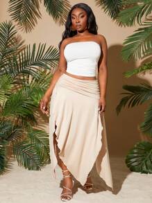 SHEIN PETITE CURVE Falda asimétrica gris caqui de talla grande para mujer, de unicolor, con cintura fruncida y abertura alta sexy, adecuada para vacaciones en la playa, citas, cumpleaños, despedida de soltera, estilo lindo y casual, para ir de compras, salir, fácil de combinar y que hace que la figura luzca estilizada.
