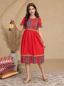 1pc Tween Girls' Red Retro Print Patchwork Cinched Waist Bubble Sleeve Spring/Summer Vacation Dress - Red - View 5