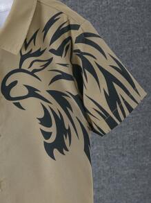 SHEIN Tween Boy Fierce Lion Head Print Button-Down Shirt, And Stylish - Khaki - View 4