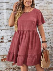 SHEIN LUNE 大码夏季纯色纹理荷叶边下摆休闲度假连衣裙、西装、节日波西米亚嬉皮女牛仔装老钱波西米亚风 - 藕粉色 - 查看 5