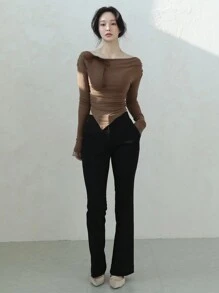 DAZY Women's Off Shoulder Asymmetrical Hemline Organza Bow T-Shirt Long Sleeve Women Tops,Fall Women Clothes - Brown - View 3