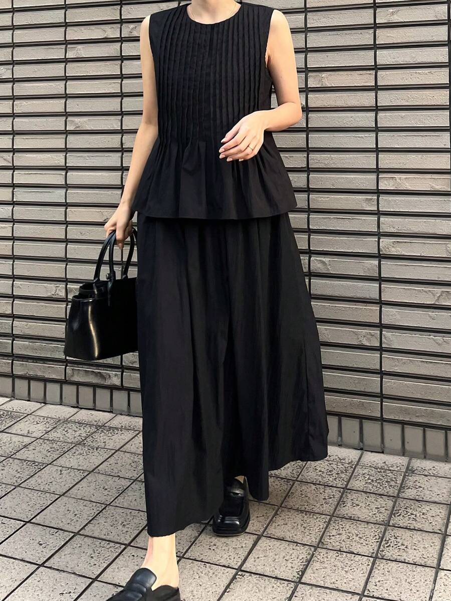 FRIFUL 女式两件套服装：黑色褶皱衬衫和高腰裙，假日风格复古外观