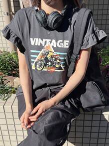 FRIFUL 女式宽松休闲图案印花盖袖T恤，喇叭袖，夏季服装，荷叶边 - 灰色 - 查看 3