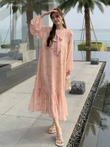 DAZY Women's Loose All-Over Floral Mid-Calf Dress,Ruffle - Pink - View 7