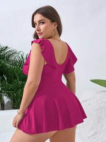 SHEIN Swim Curve Summer 2pcs Plus Size Women Elegant Solid Color Tie-Waist Ruched Tankini Swimsuit Set, Flattering & Casual For Holiday - Hot Pink - View 2
