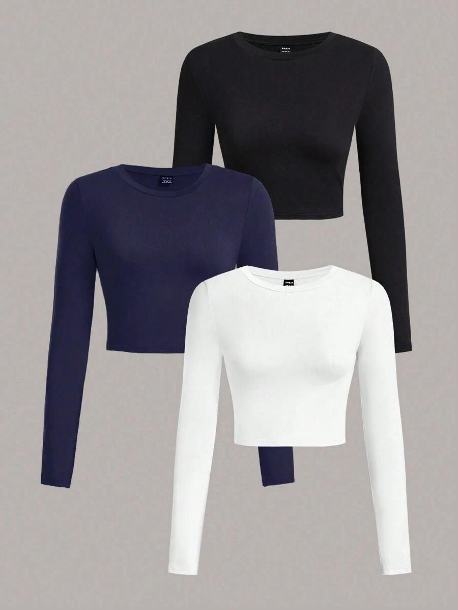SHEIN EZwear 3 Set Multi-Pack Women Versatile Casual Simple Long Sleeve T-Shirt Valentine's Day Autumn And Winter - Multicolor - View 1