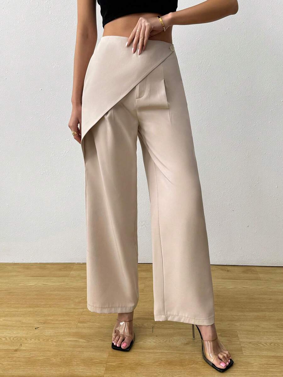 Chiquease Women's High-Waisted Fold-Over Wide Leg Pants - Beige - View 1
