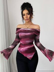 Selianne Áo thun nữ hở vai tay dài đơn giản, thoải mái mặc hàng ngày, áo thun họa tiết cho nữ mùa xuân - Màu Đỏ Sâu - Xem 4