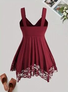 Sweetra 大码女式心形纽扣装饰休闲性感腰部拼接蕾丝吊带背心，春夏 - 紅色 - 查看 2