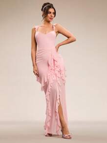 SHEIN BAE Vestido de novia de boda súper largo con espalda descubierta y hoja de loto de color rosa sólido sexy, vestido de dama de honor, vestido para citas, vestido de fiesta, vestido de temporada escolar, vestido de vacaciones, vestido de cumpleaños, vestido para salir de noche, ropa de verano para mujer, ropa de primavera, atuendo para el Día de San Valentín, carnaval, atuendo de vacaciones en la playa